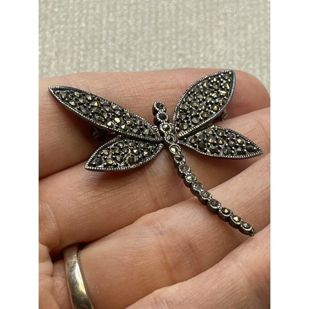 Vintage Dragonfly Brooch Pin 925 Marcasite Signed CFJ